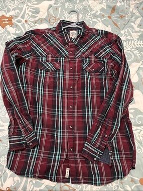 Men's Maroon Plaid Button-Down Shirt with Teal Stripes